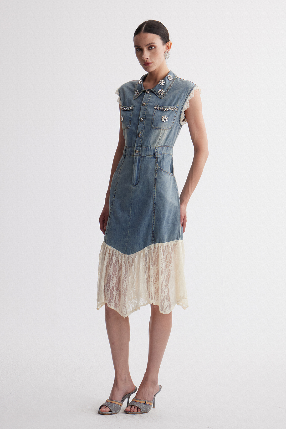 Iridian Sleeveless Lace Denim Midi Dress