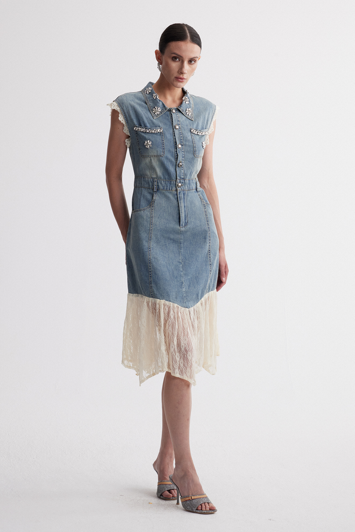 Iridian Sleeveless Lace Denim Midi Dress