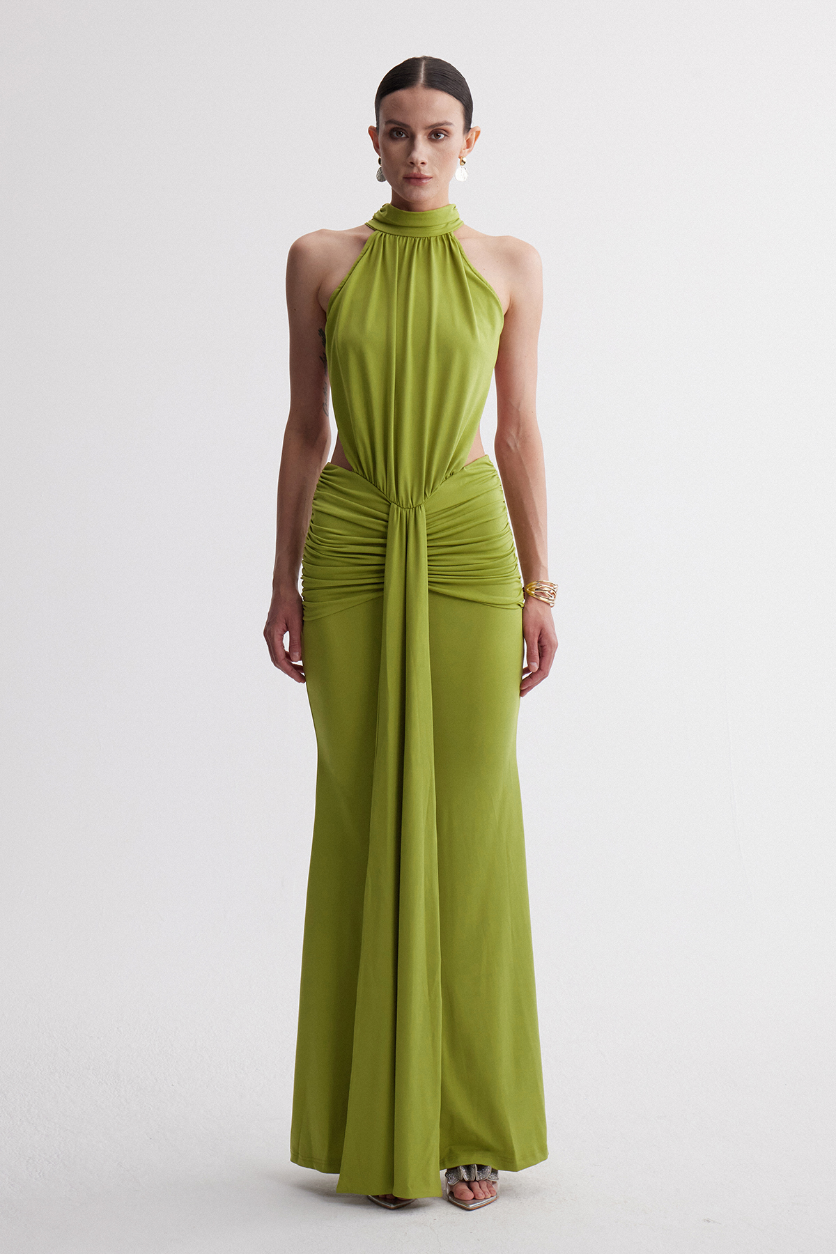Iriney Halter Neck Ruch Maxi Dress