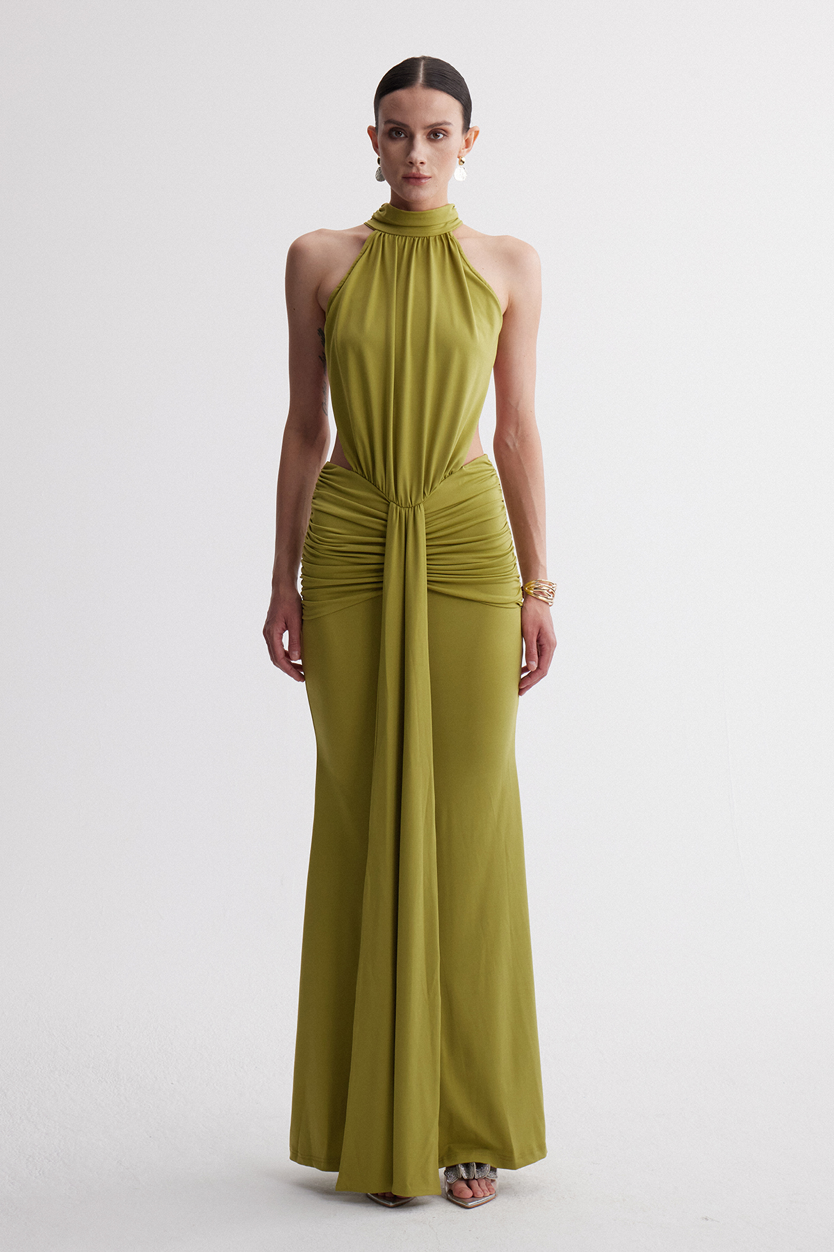 Iriney Halter Neck Ruch Maxi Dress