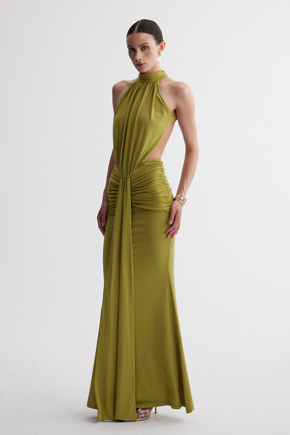 Iriney Halter Neck Ruch Maxi Dress