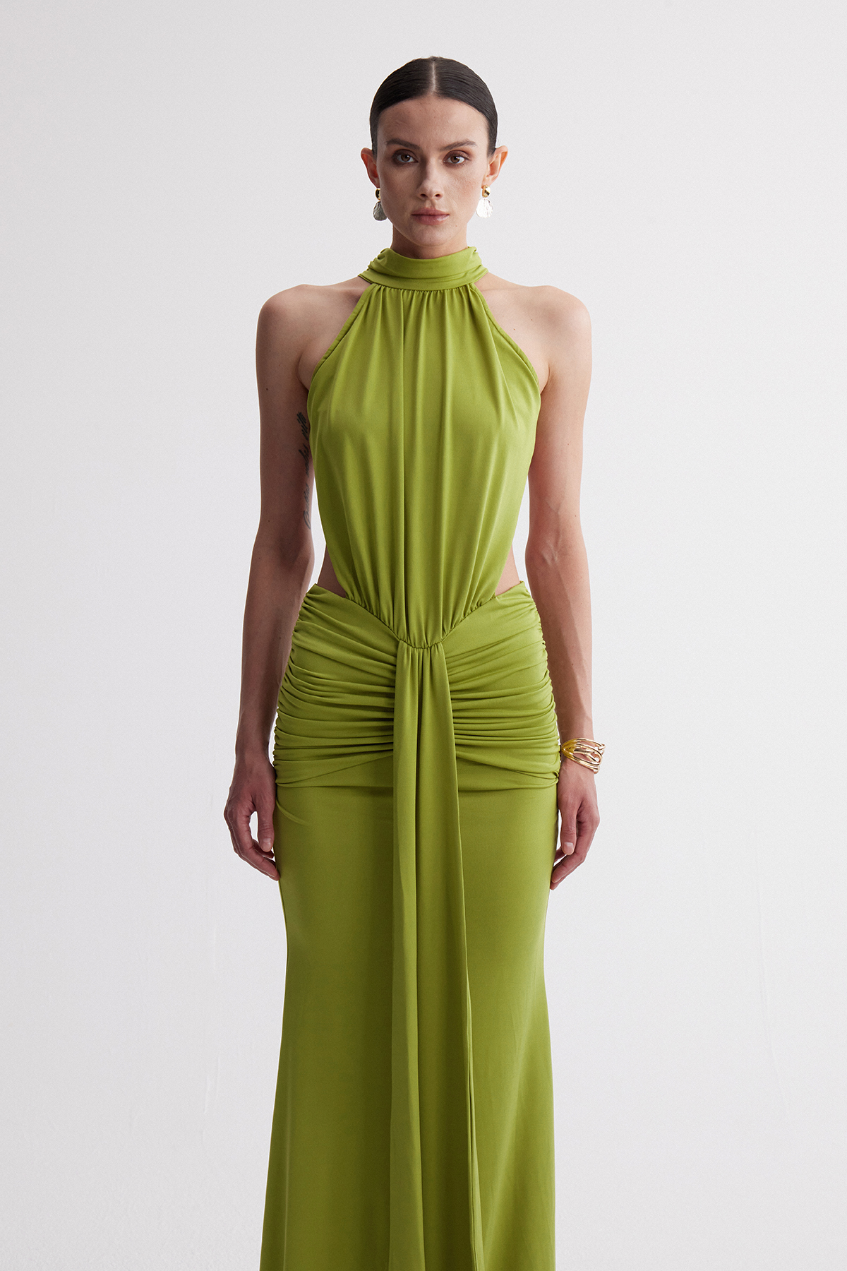 Iriney Halter Neck Ruch Maxi Dress
