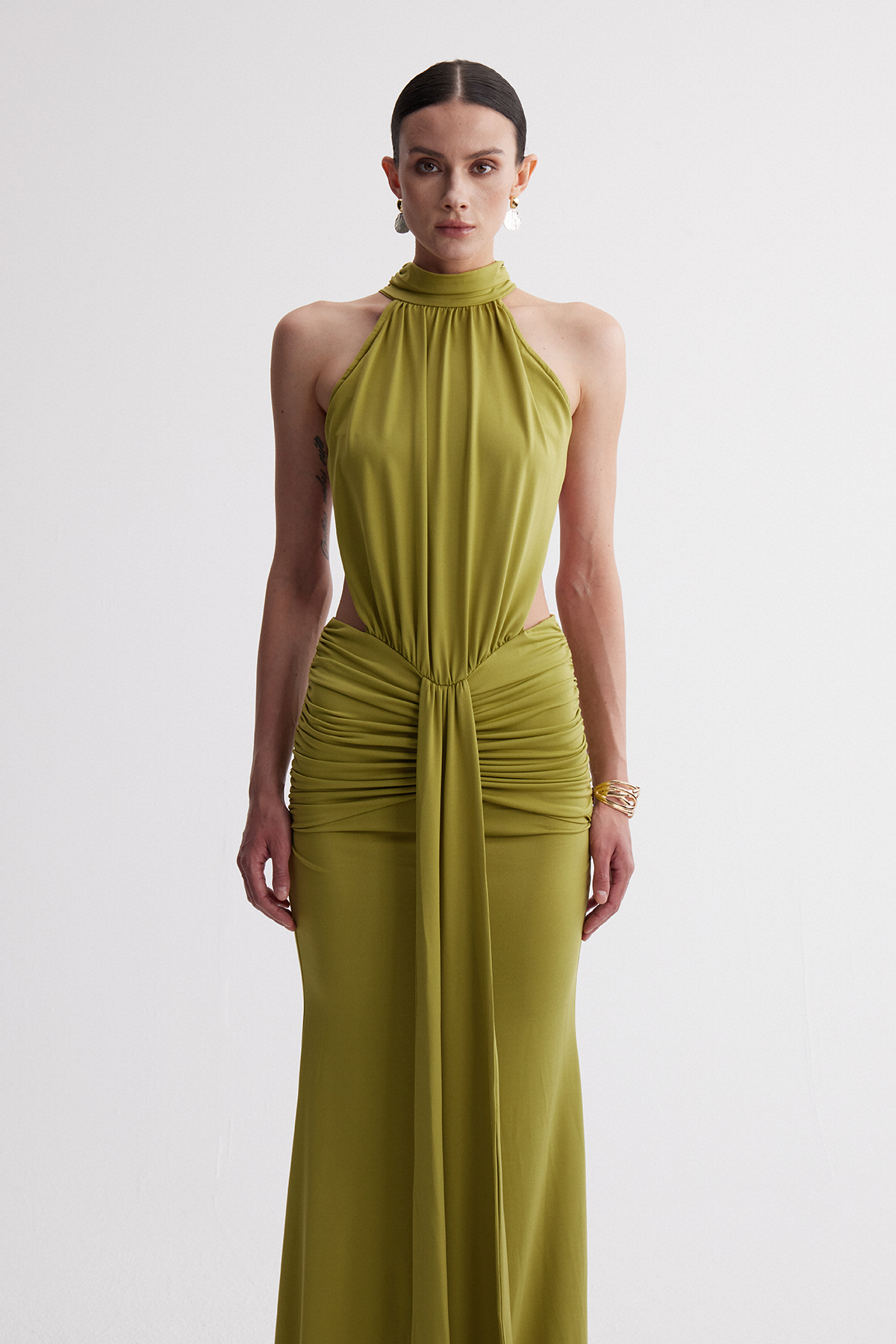 Iriney Halter Neck Ruch Maxi Dress