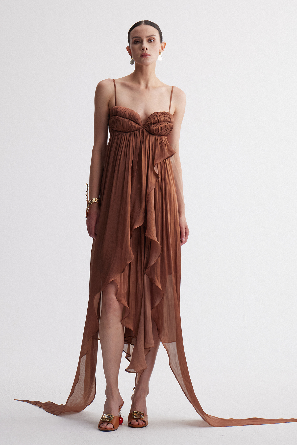Iris Spaghetti Ruch Ruffle Maxi Dress