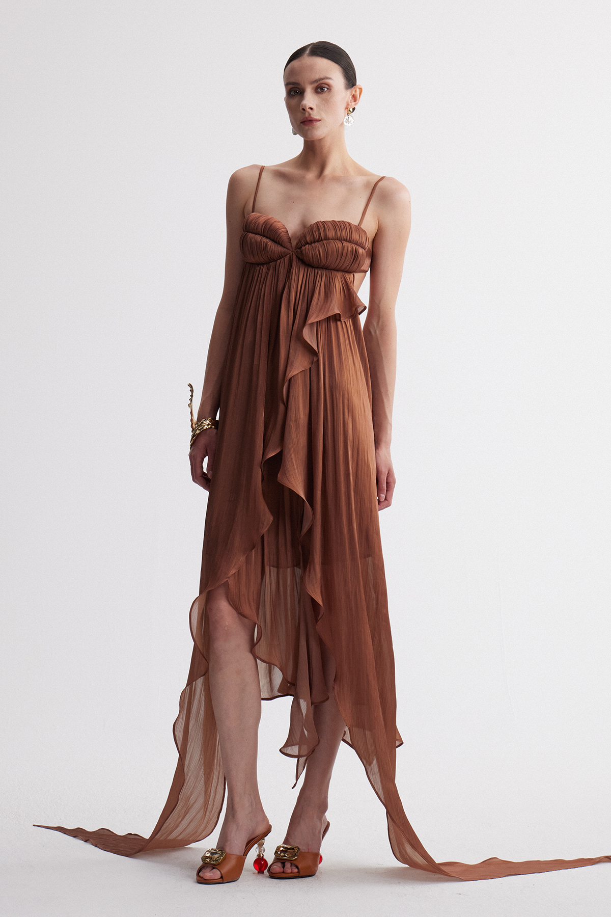 Iris Spaghetti Ruch Ruffle Maxi Dress