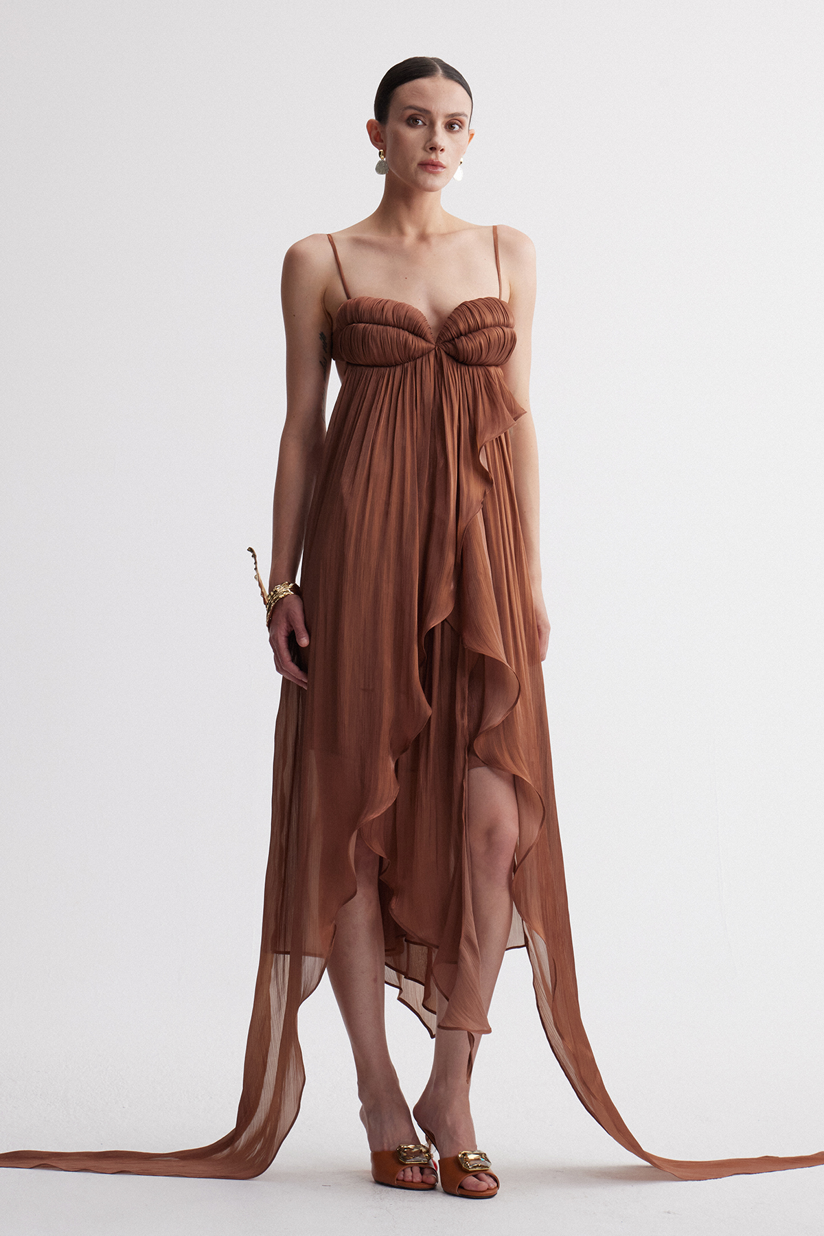 Iris Spaghetti Ruch Ruffle Maxi Dress