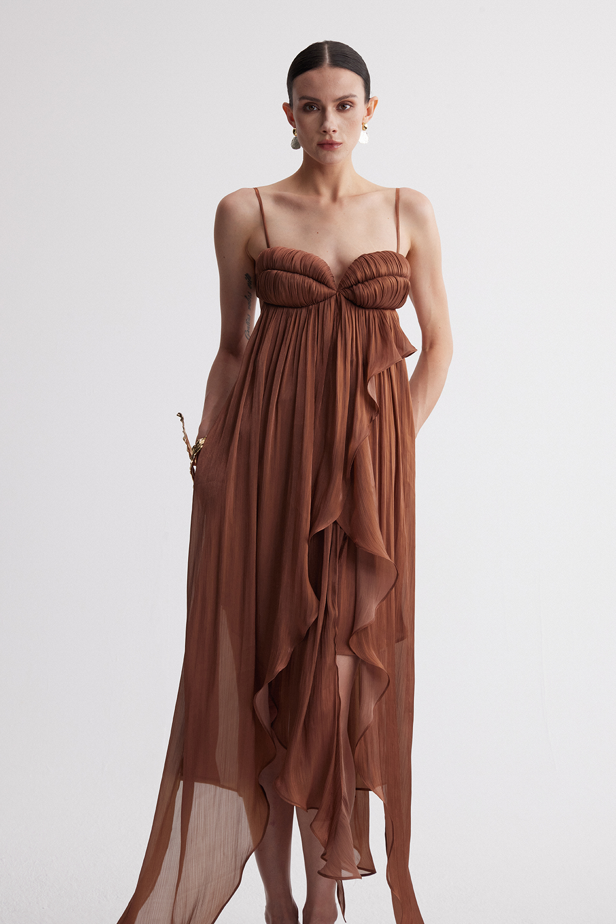 Iris Spaghetti Ruch Ruffle Maxi Dress