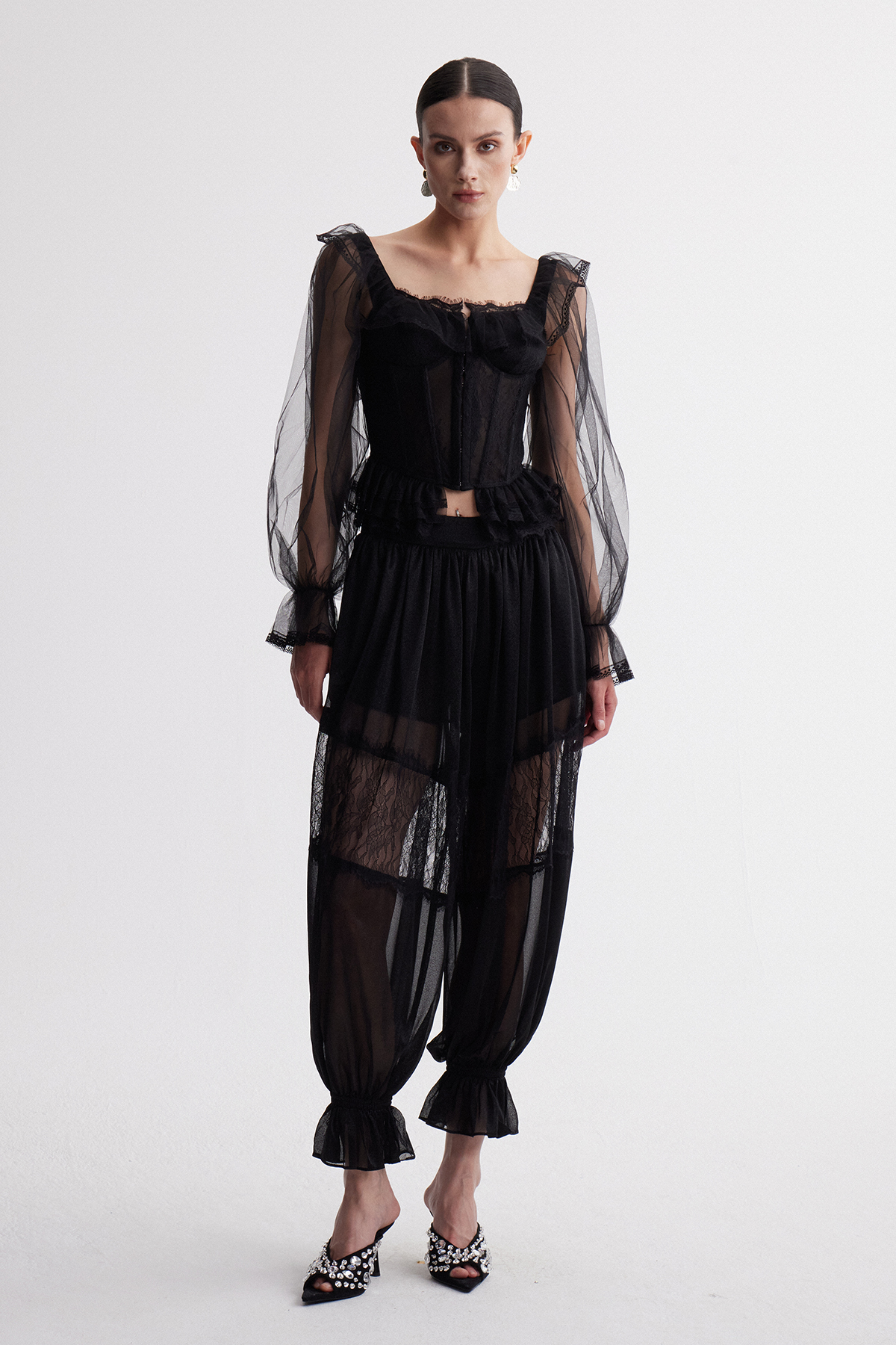 Irmeli Balloon Sleeve Mesh Pants Set