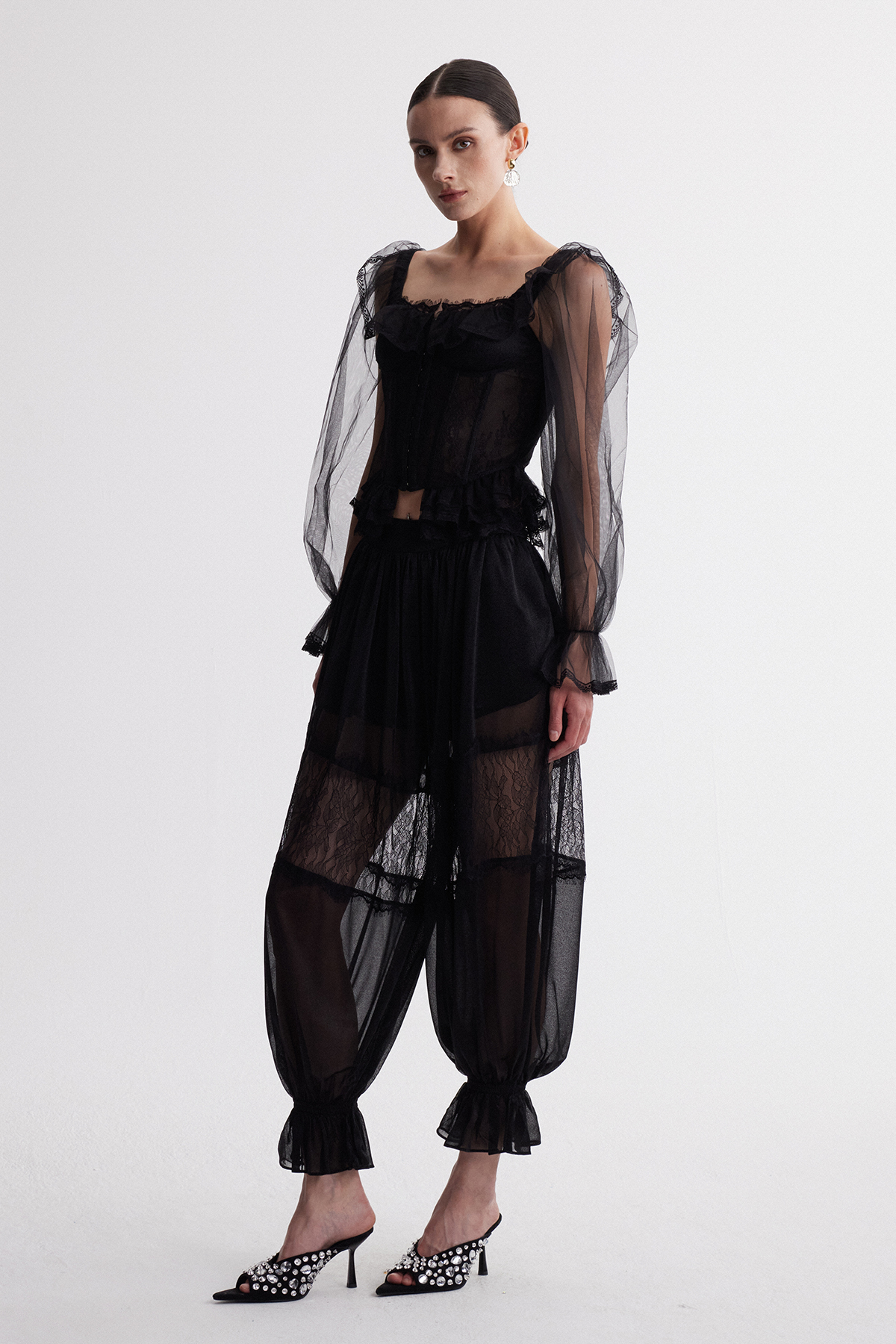 Irmeli Balloon Sleeve Mesh Pants Set