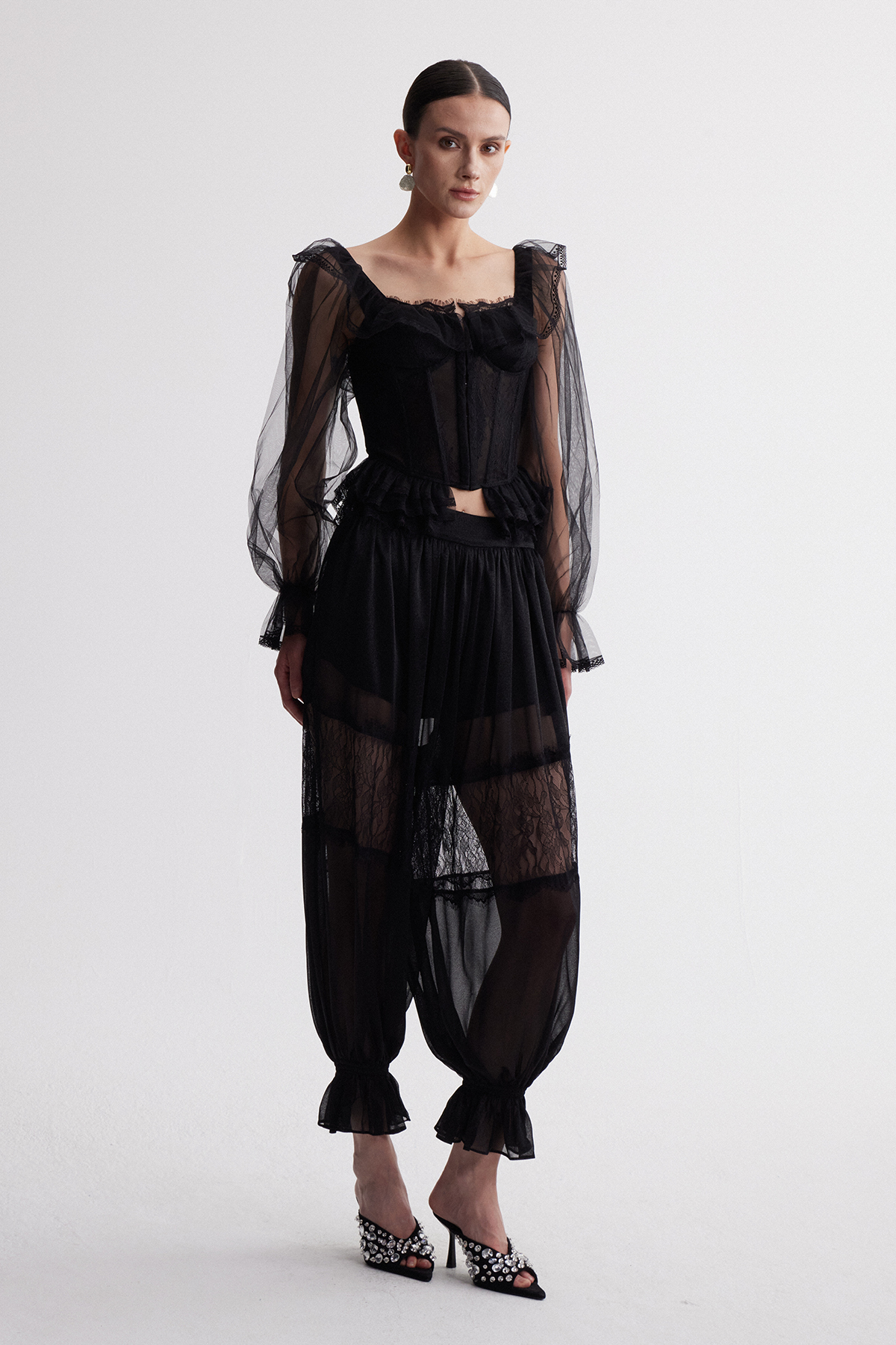 Irmeli Balloon Sleeve Mesh Pants Set