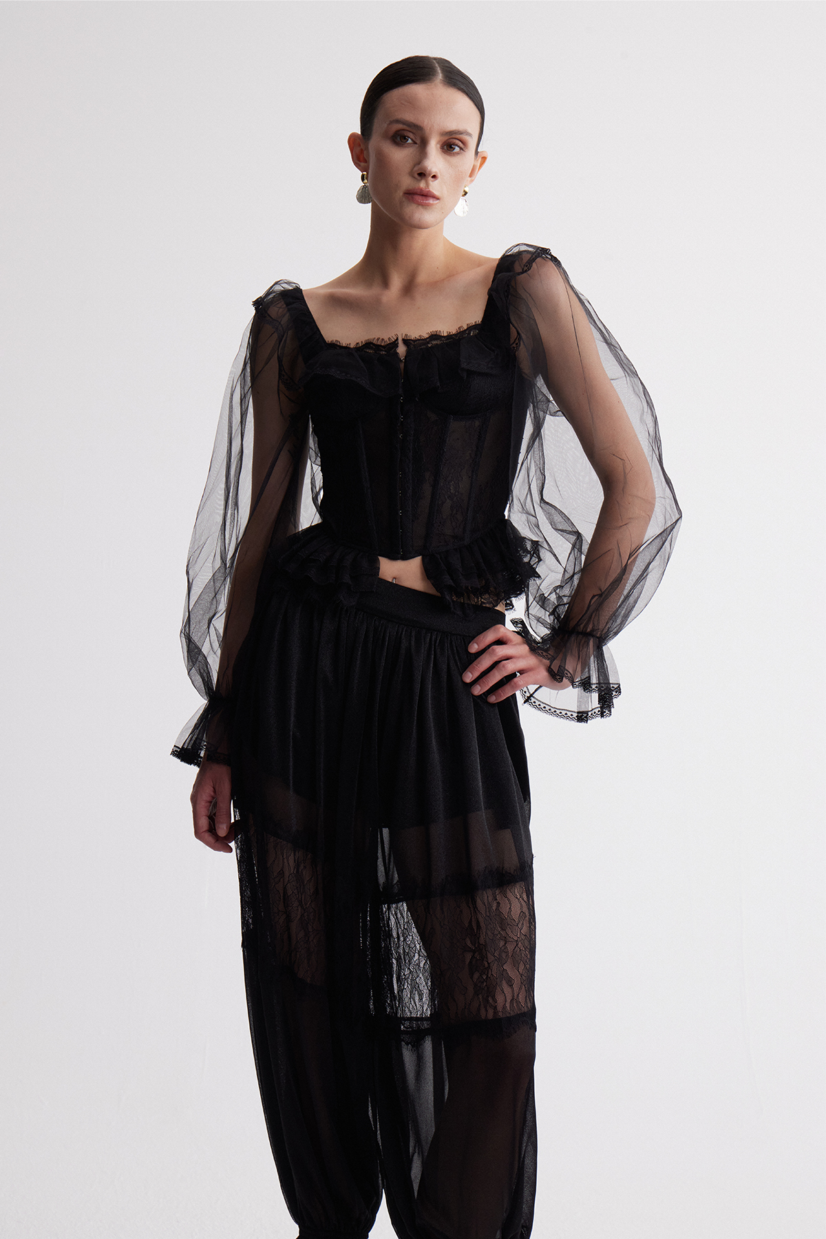Irmeli Balloon Sleeve Mesh Pants Set