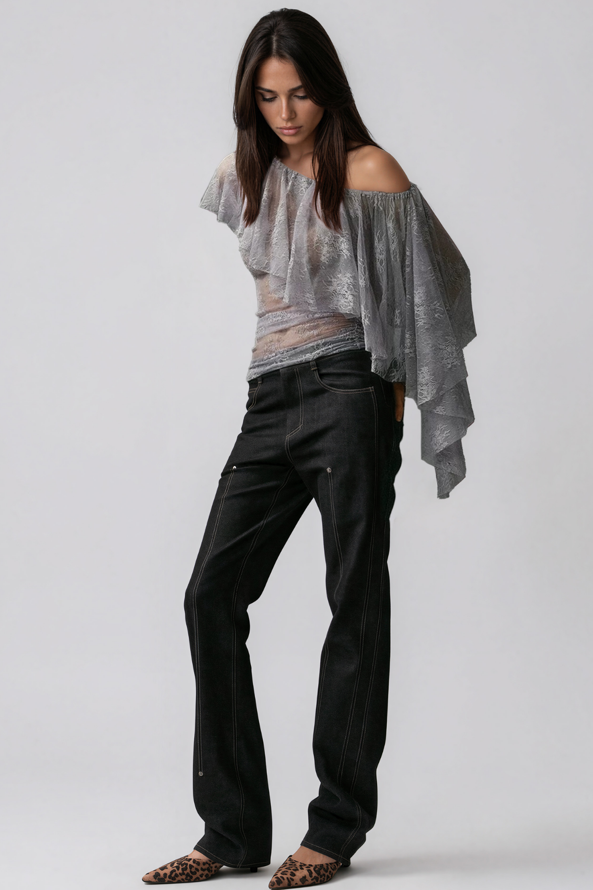 Irmtraud Asymmetric Lace Ruffle Top
