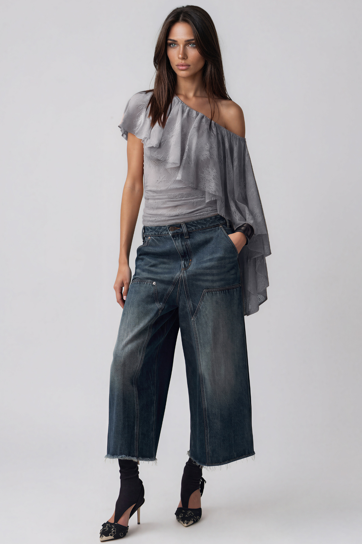 Irmtraud Asymmetric Lace Ruffle Top