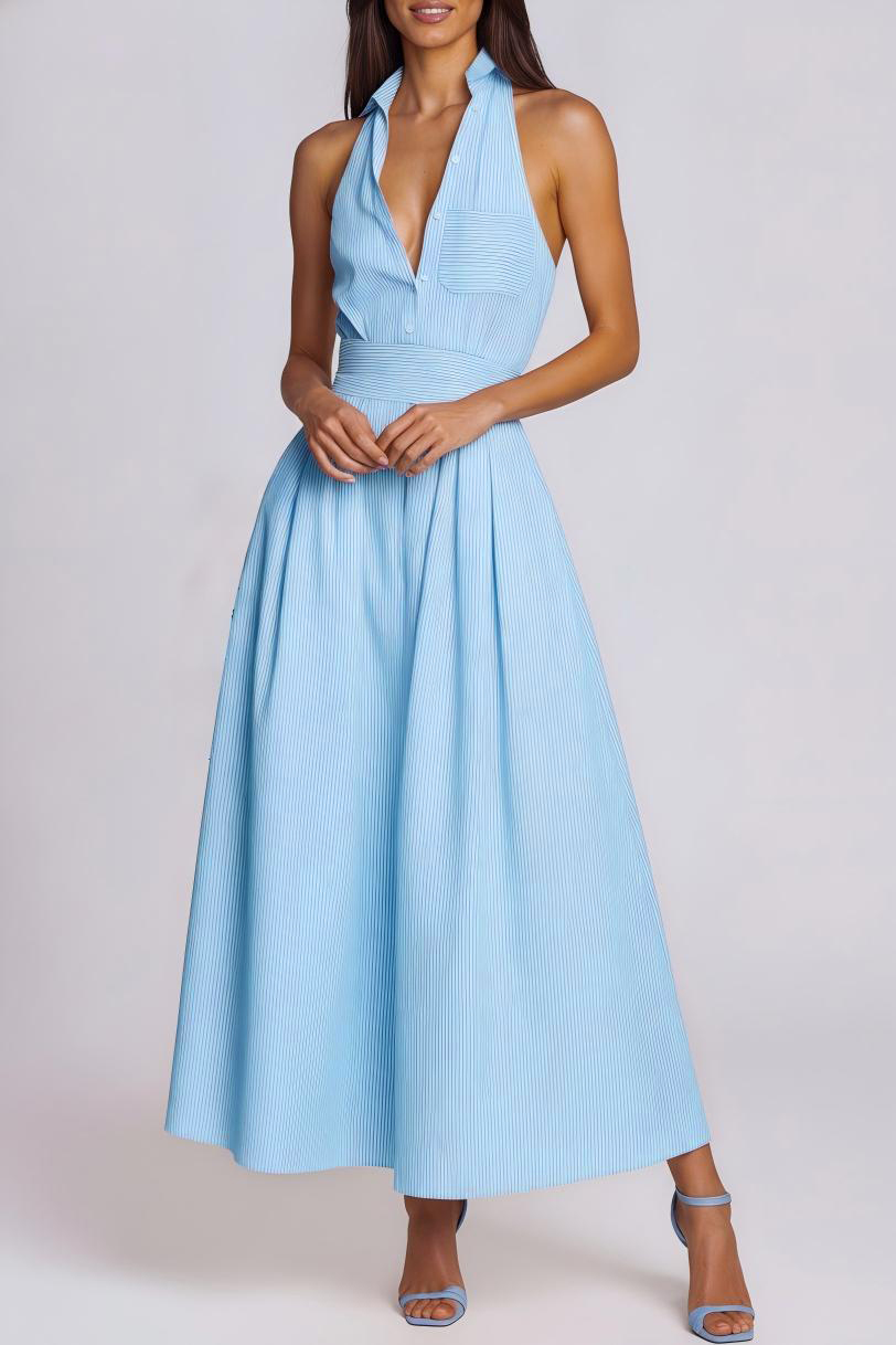 Irnerius Halter Neck Stripe Maxi Dress In Blue