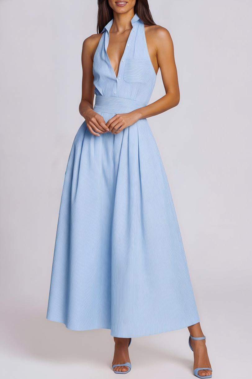 Irnerius Halter Neck Stripe Maxi Dress In Blue