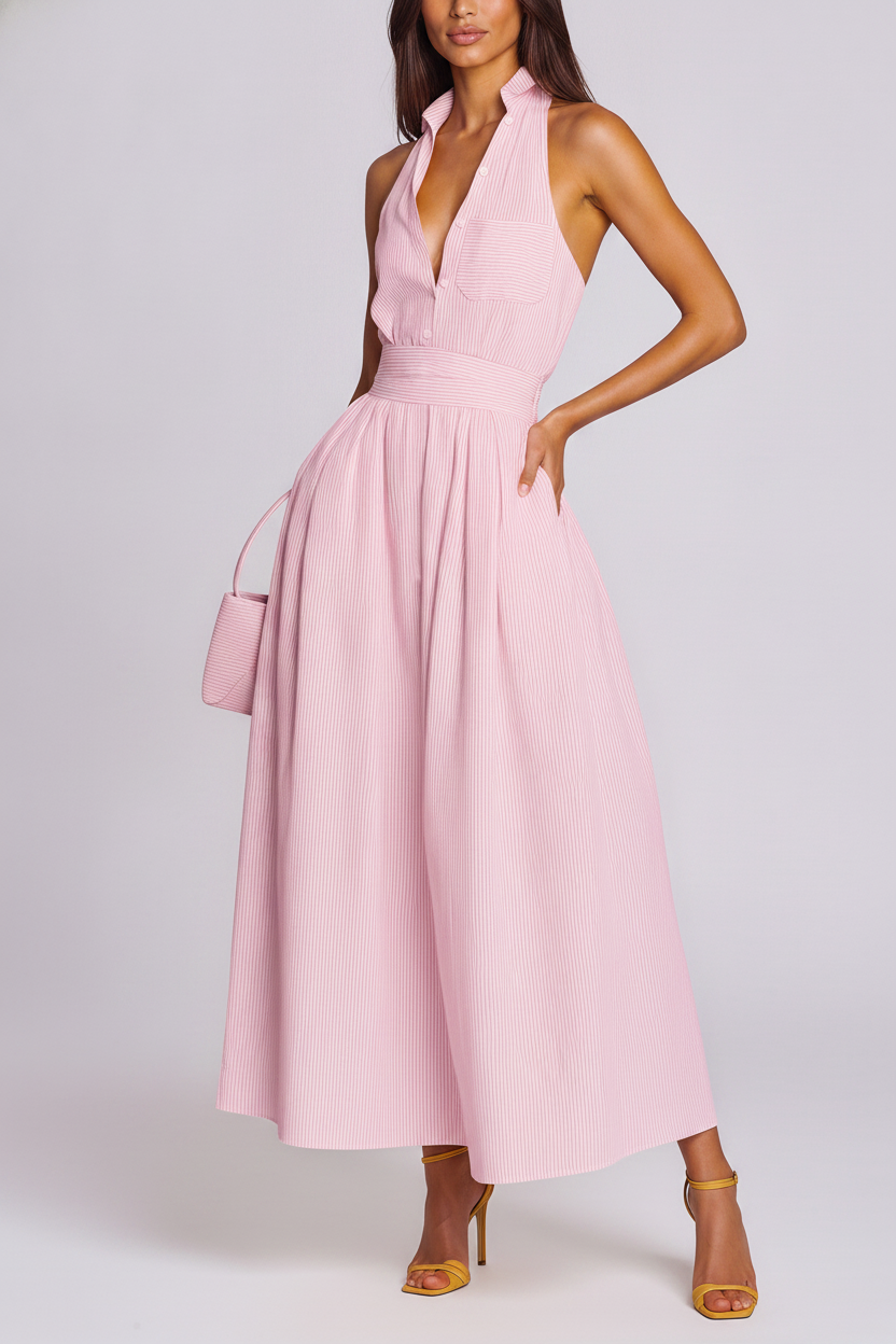 Irnerius Halter Neck Stripe Maxi Dress In Pink