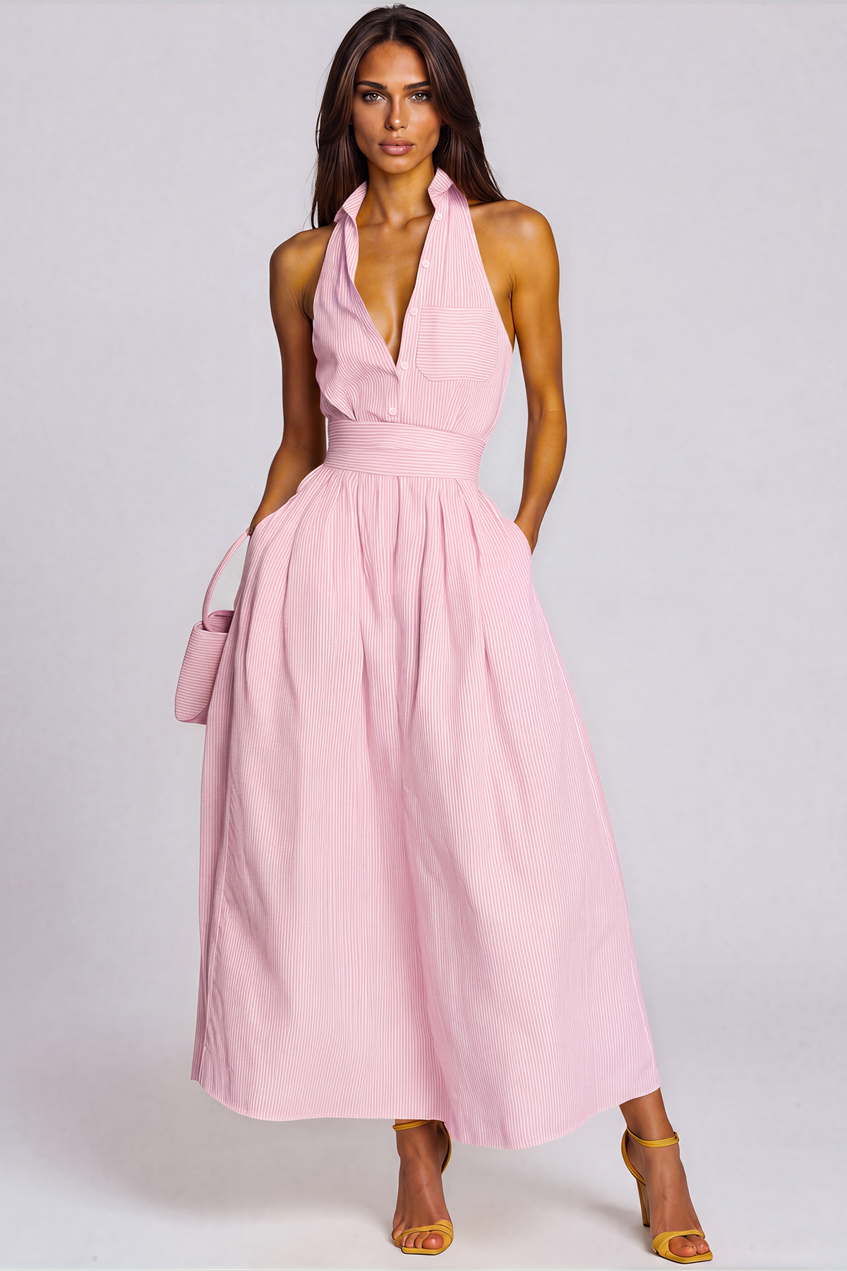 Irnerius Halter Neck Stripe Maxi Dress In Pink