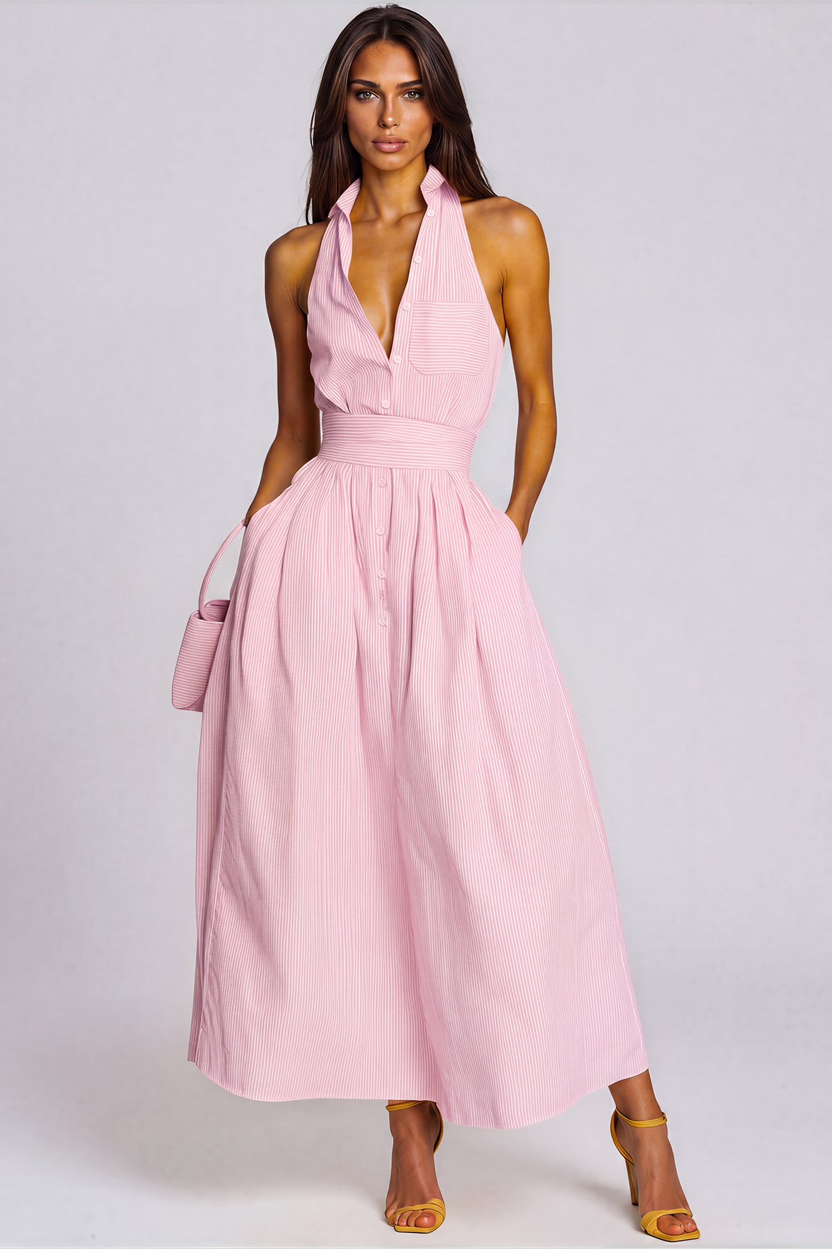 Irnerius Halter Neck Stripe Maxi Dress In Pink