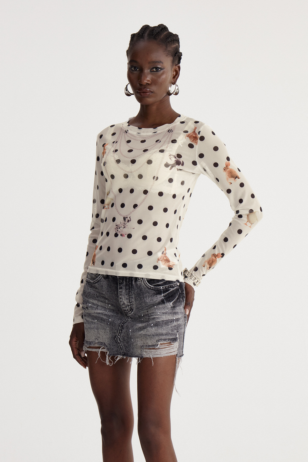 Irshad Dot Print Mesh Top