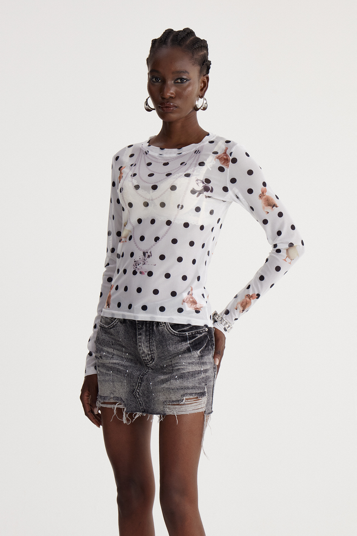 Irshad Dot Print Mesh Top