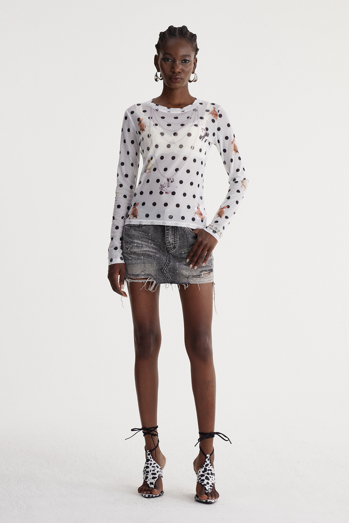 Irune Splattered Ripped Denim Mini Skirt