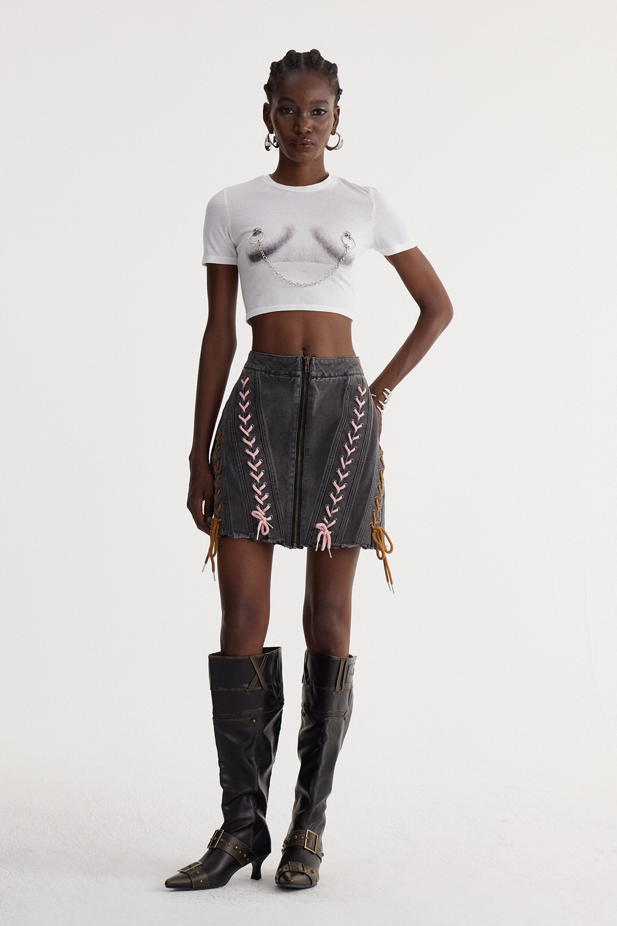 Iryna Lace Up Denim Mini Skirt