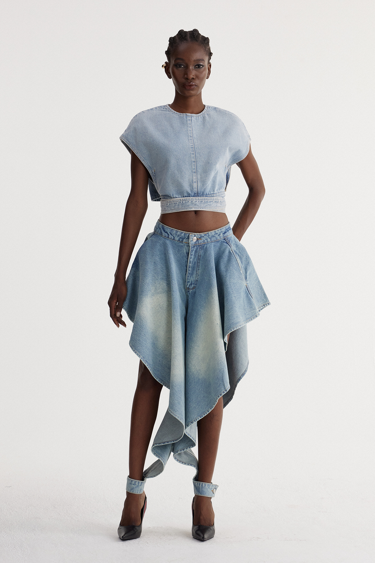 Isac Crop Ruffle Denim Skirt Set