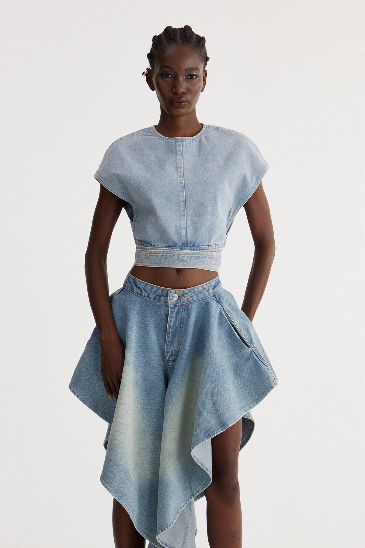 Isac Crop Ruffle Denim Skirt Set