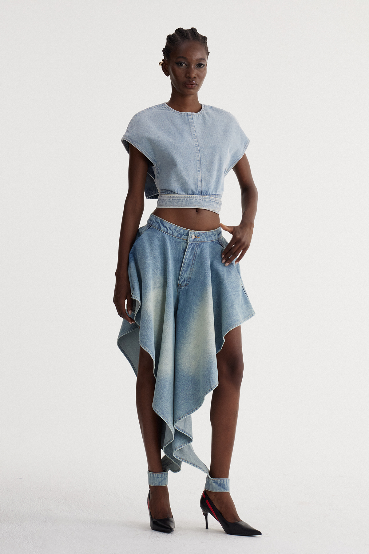 Isac Crop Ruffle Denim Skirt Set