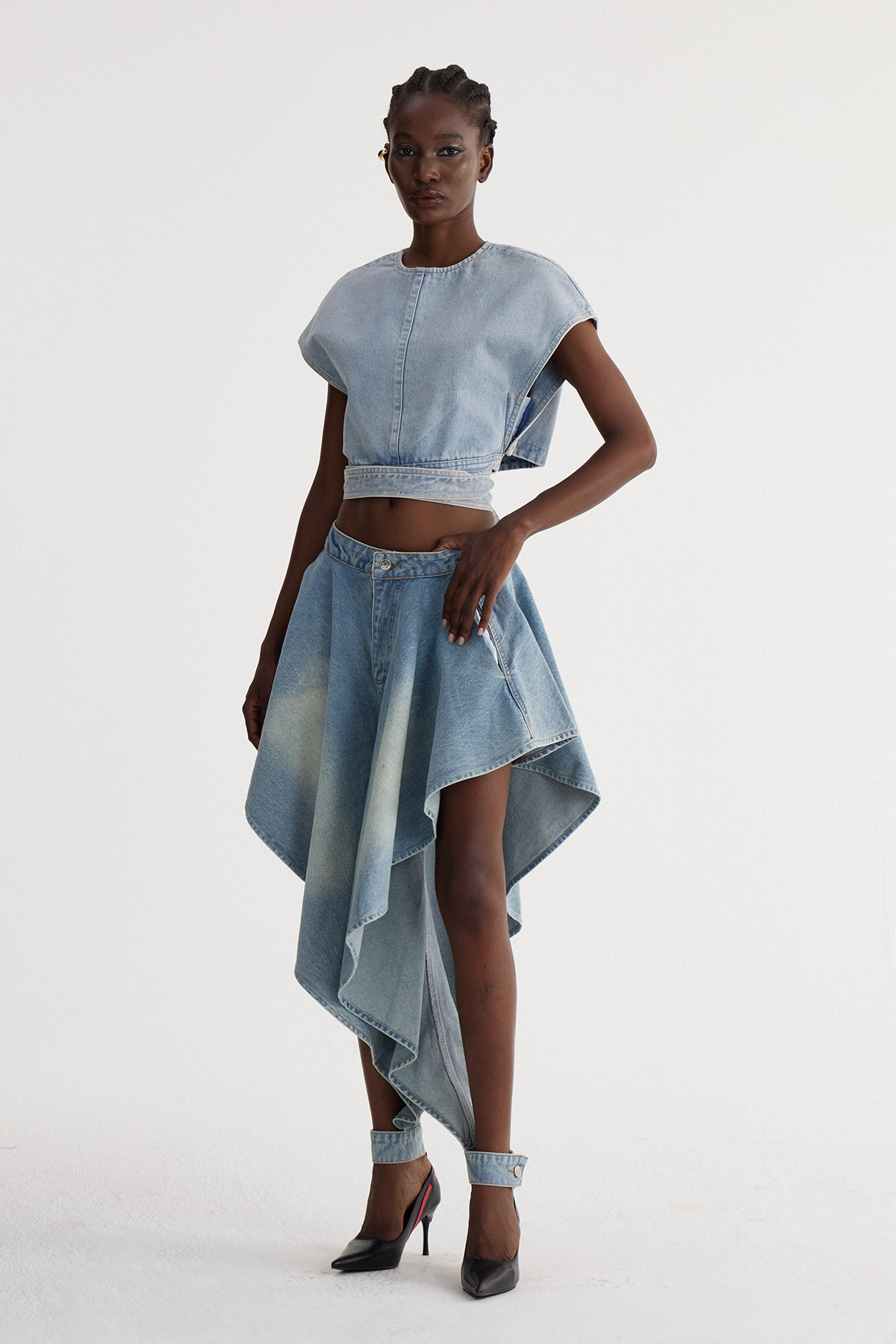 Isac Crop Ruffle Denim Skirt Set