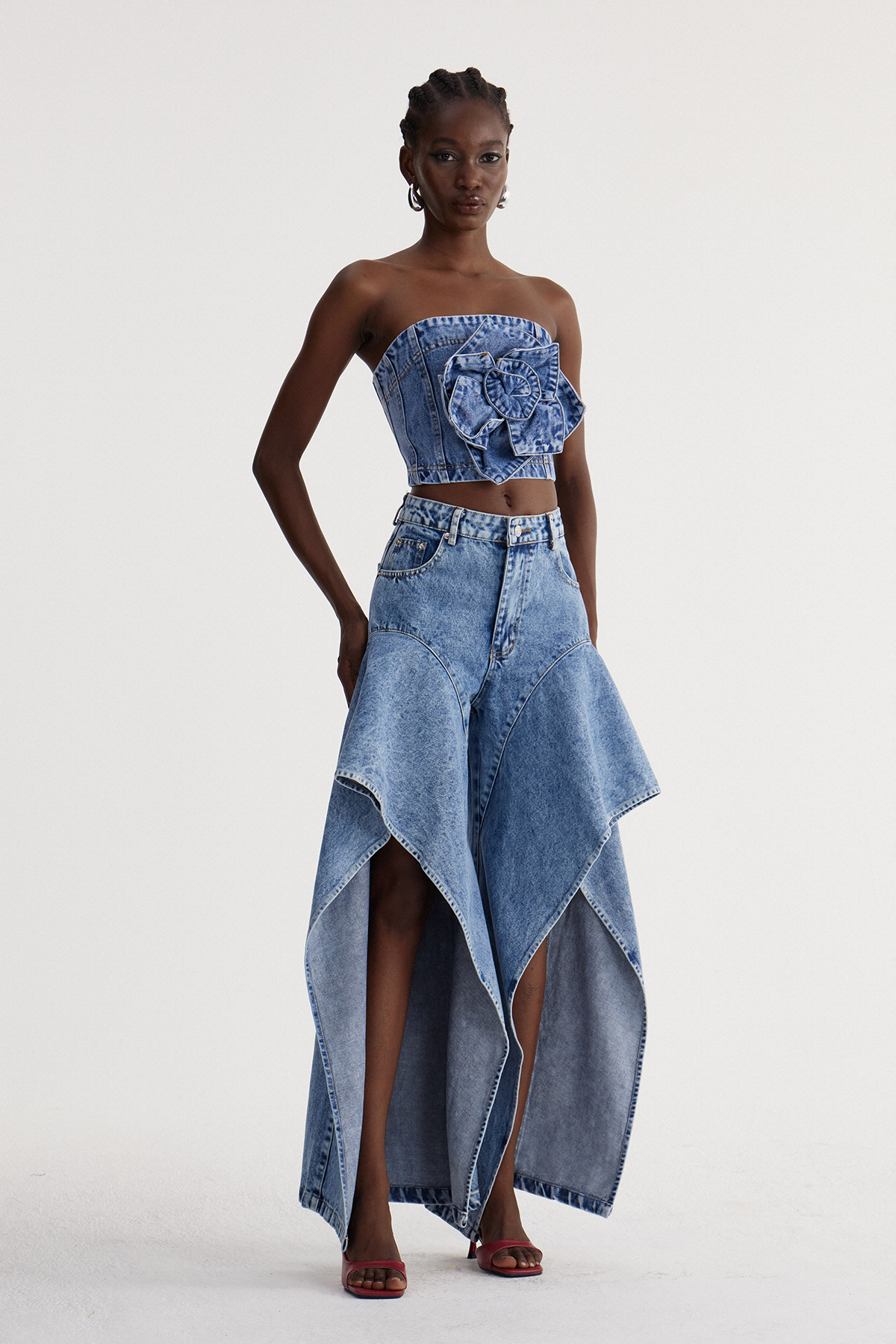 Isacco Flower Ruffle Denim Pants Set