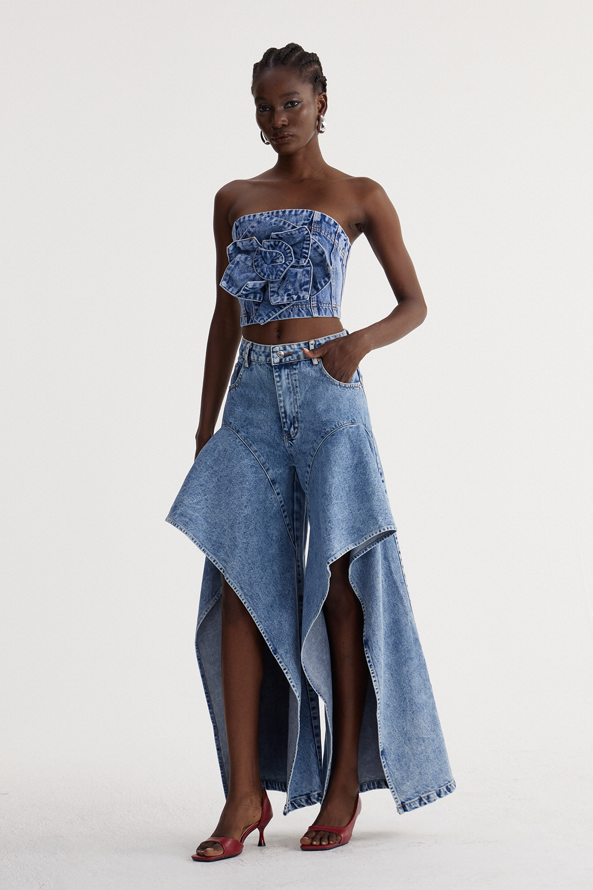 Isacco Flower Ruffle Denim Pants Set