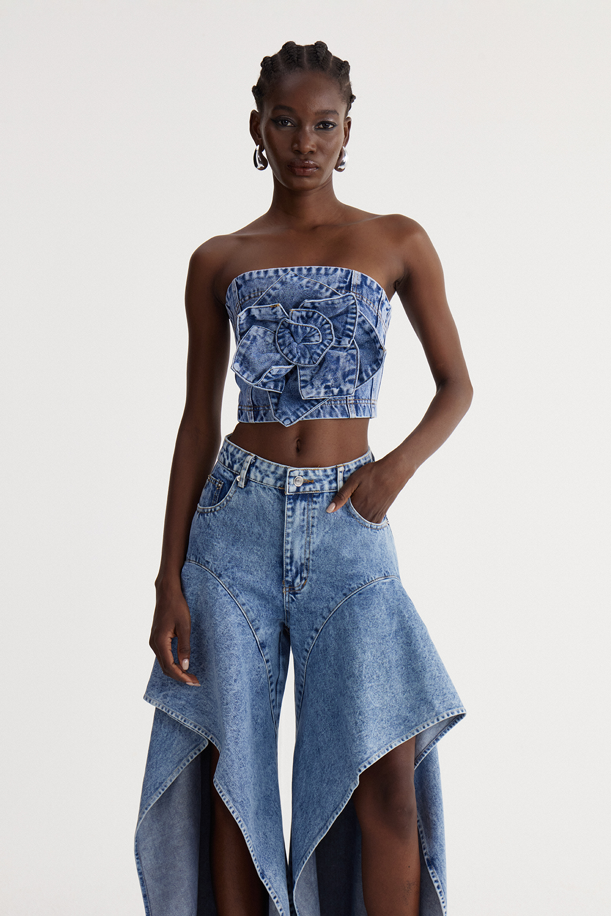 Isacco Flower Ruffle Denim Pants Set