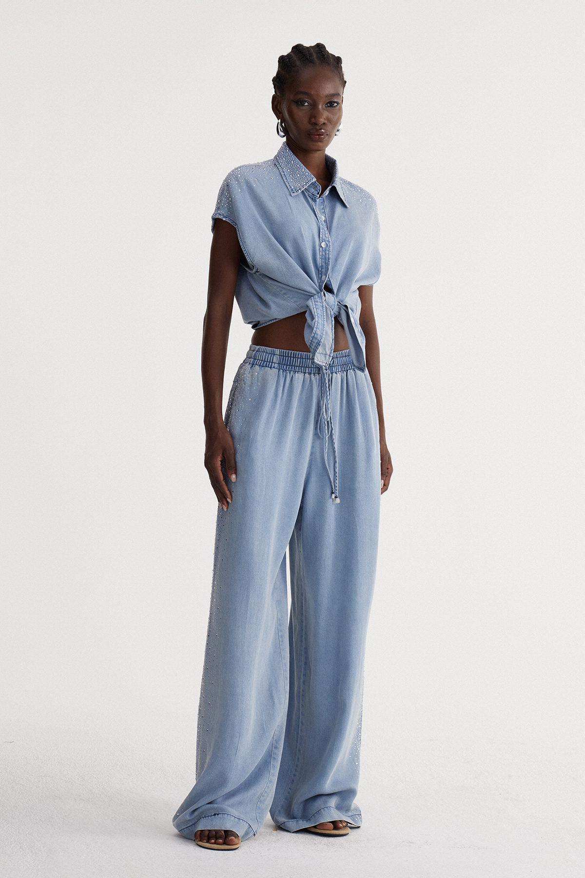Isadora Rhinestone Denim Pants Set