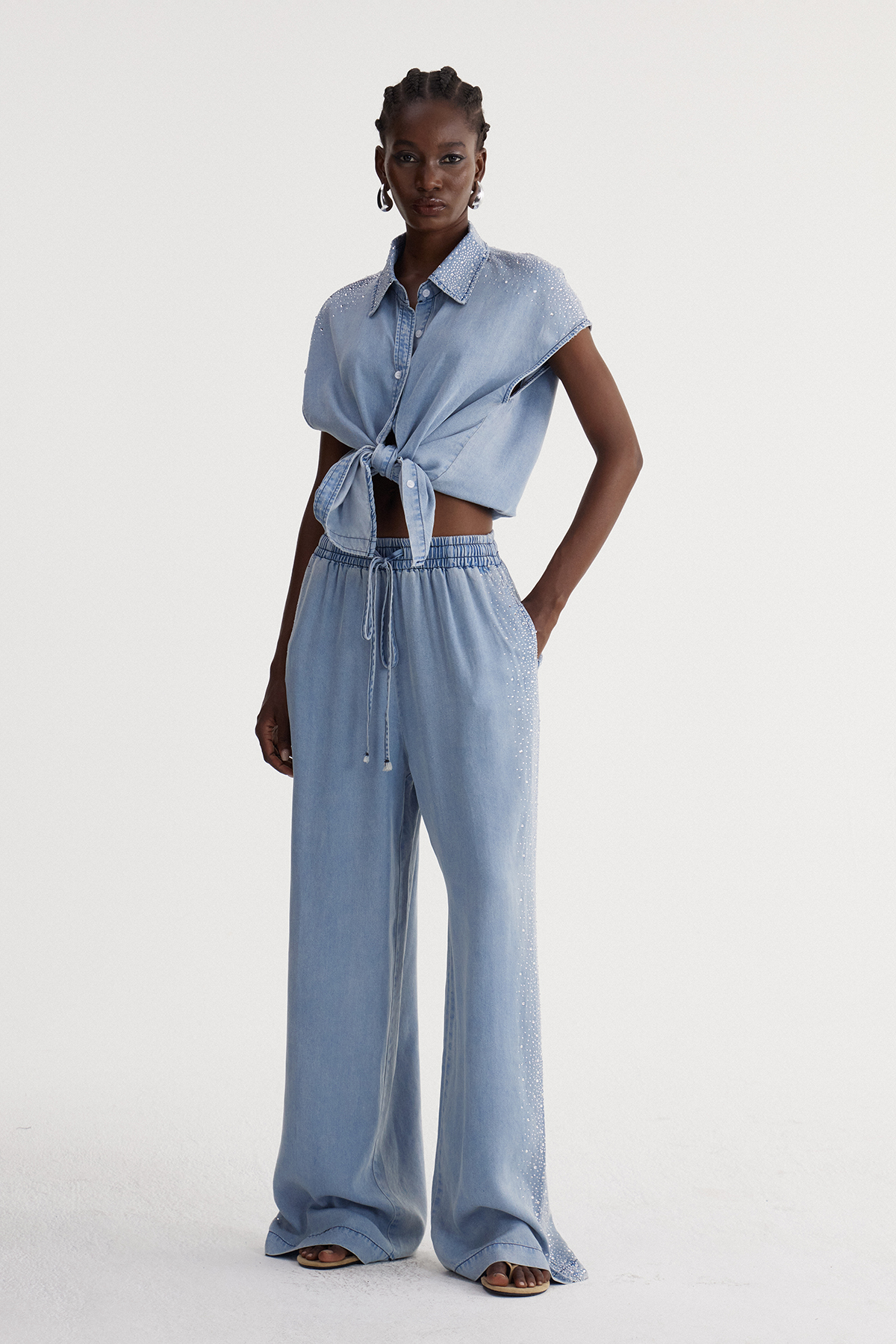 Isadora Rhinestone Denim Pants Set