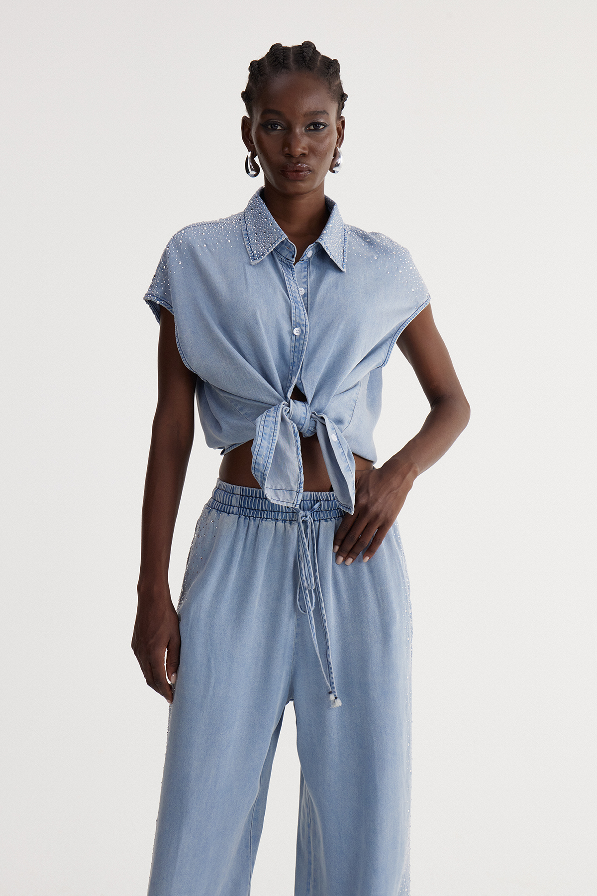 Isadora Rhinestone Denim Pants Set