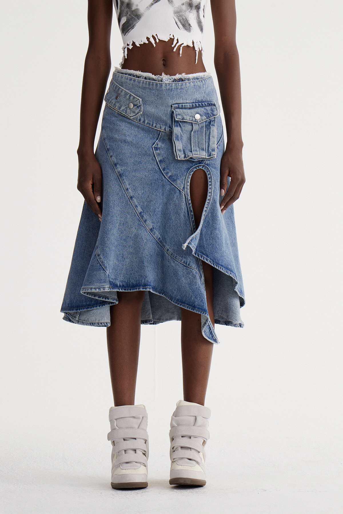 Isbel Ruffle Split Denim Midi Skirt