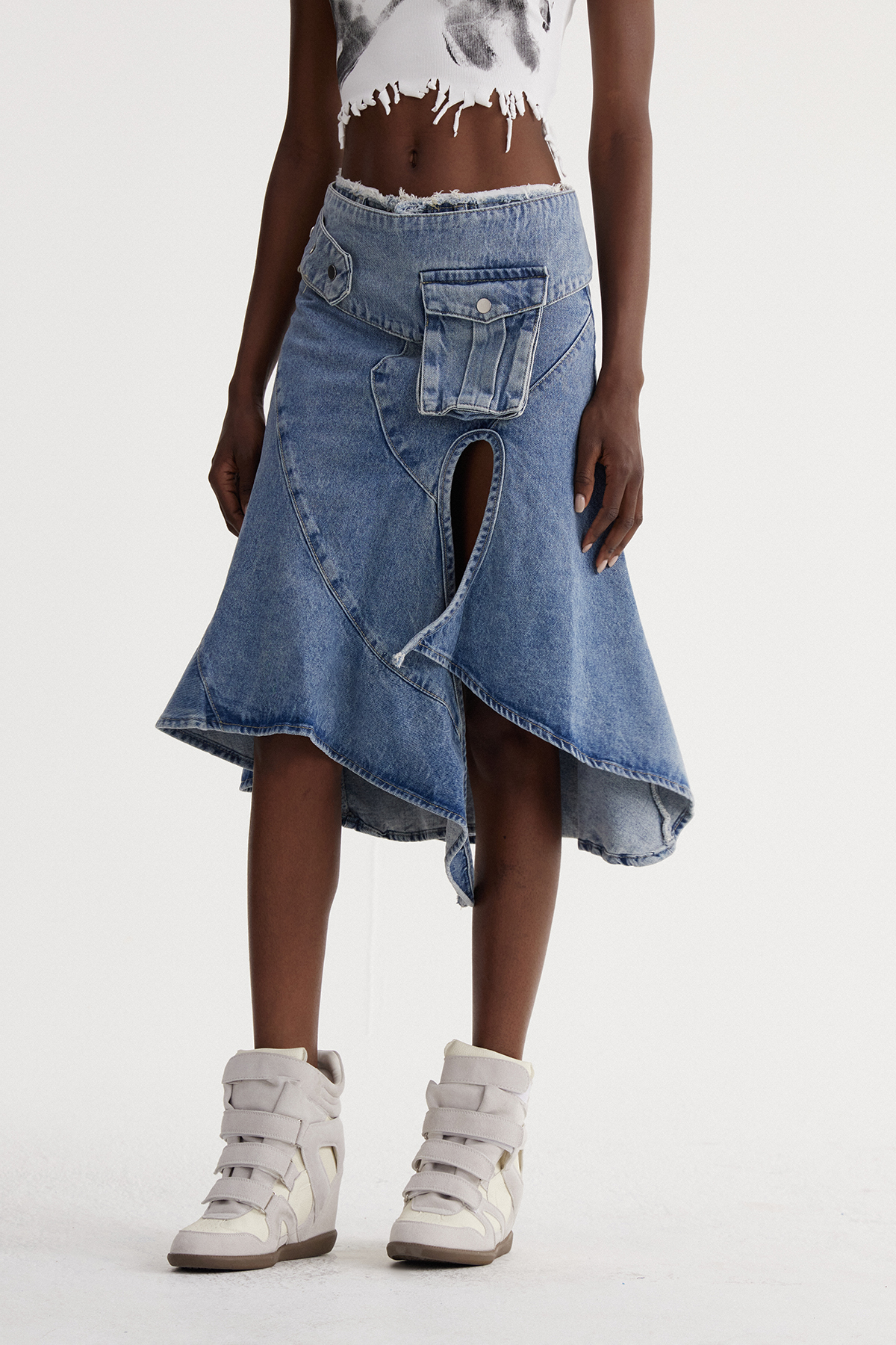 Isbel Ruffle Split Denim Midi Skirt