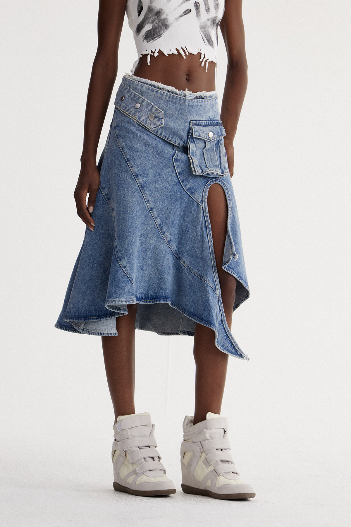 Isbel Ruffle Split Denim Midi Skirt