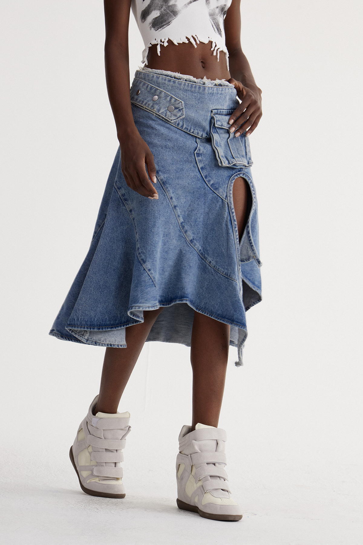 Isbel Ruffle Split Denim Midi Skirt