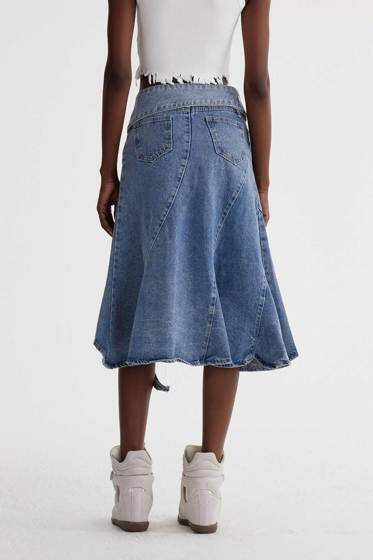 Isbel Ruffle Split Denim Midi Skirt