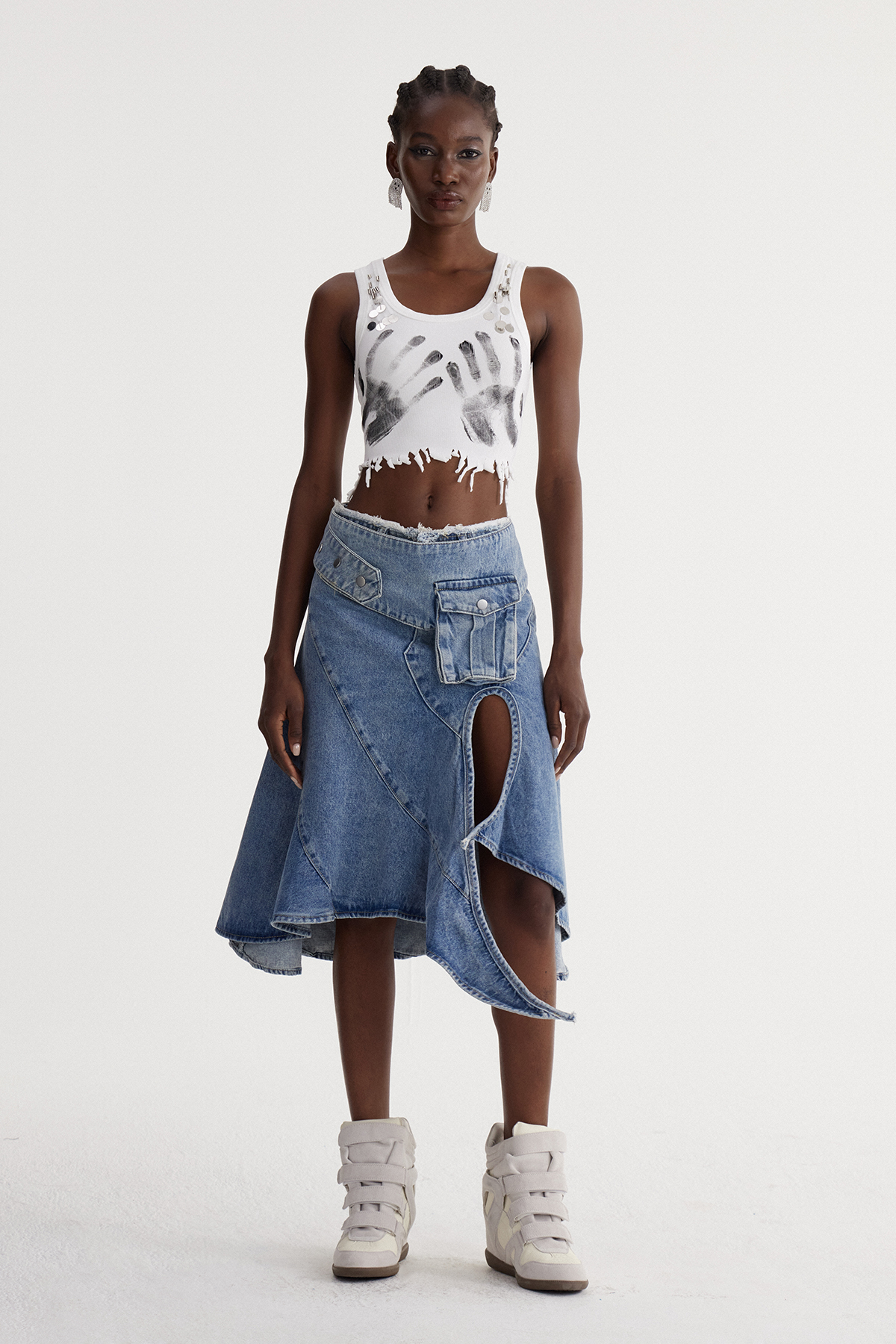 Isbel Ruffle Split Denim Midi Skirt