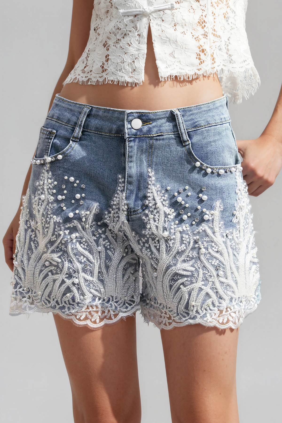 Iscah Pearl Lace Denim Shorts 