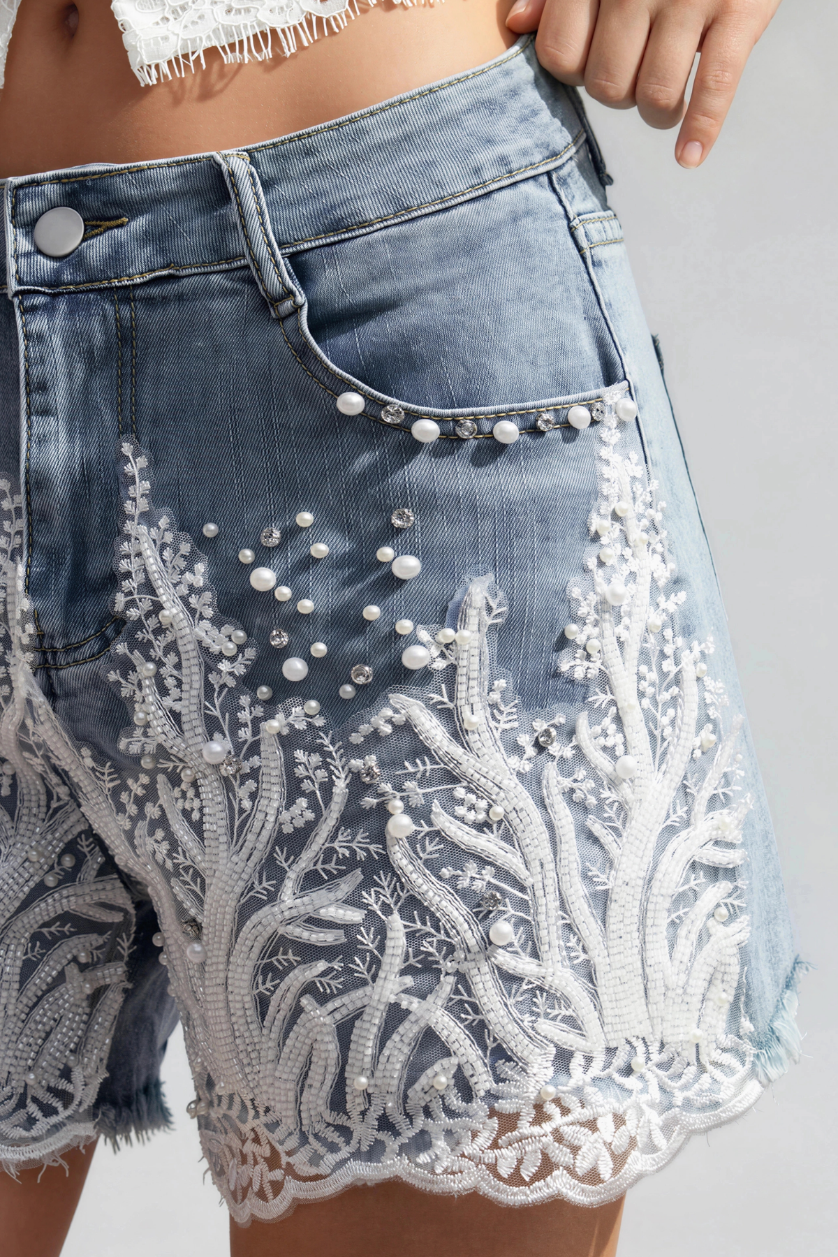 Iscah Pearl Lace Denim Shorts 
