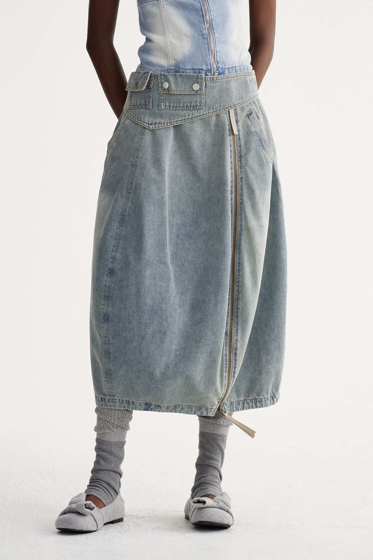 Iser Zipper Denim Midi Skirt