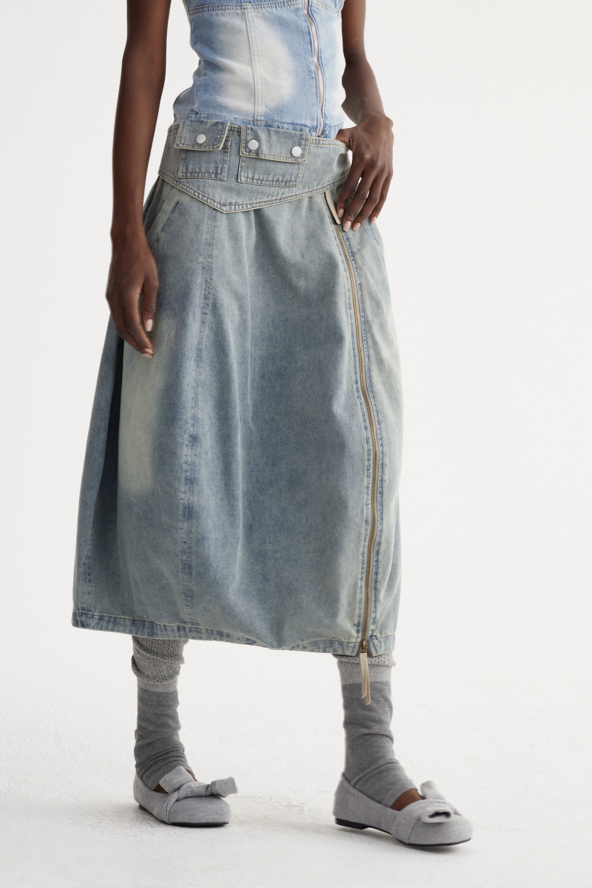 Iser Zipper Denim Midi Skirt