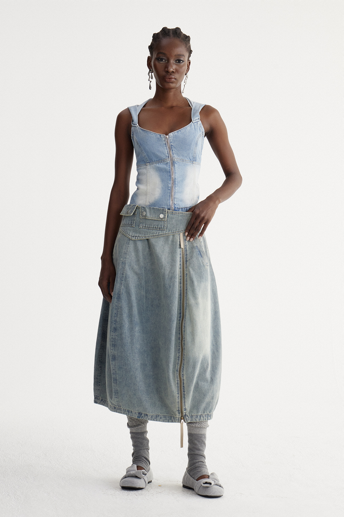 Iser Zipper Denim Midi Skirt