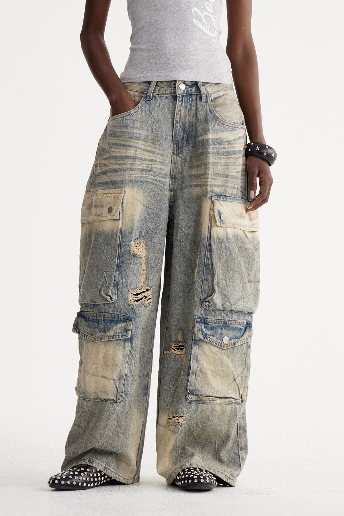 Iseul Ripped Bleached Cargo Jeans