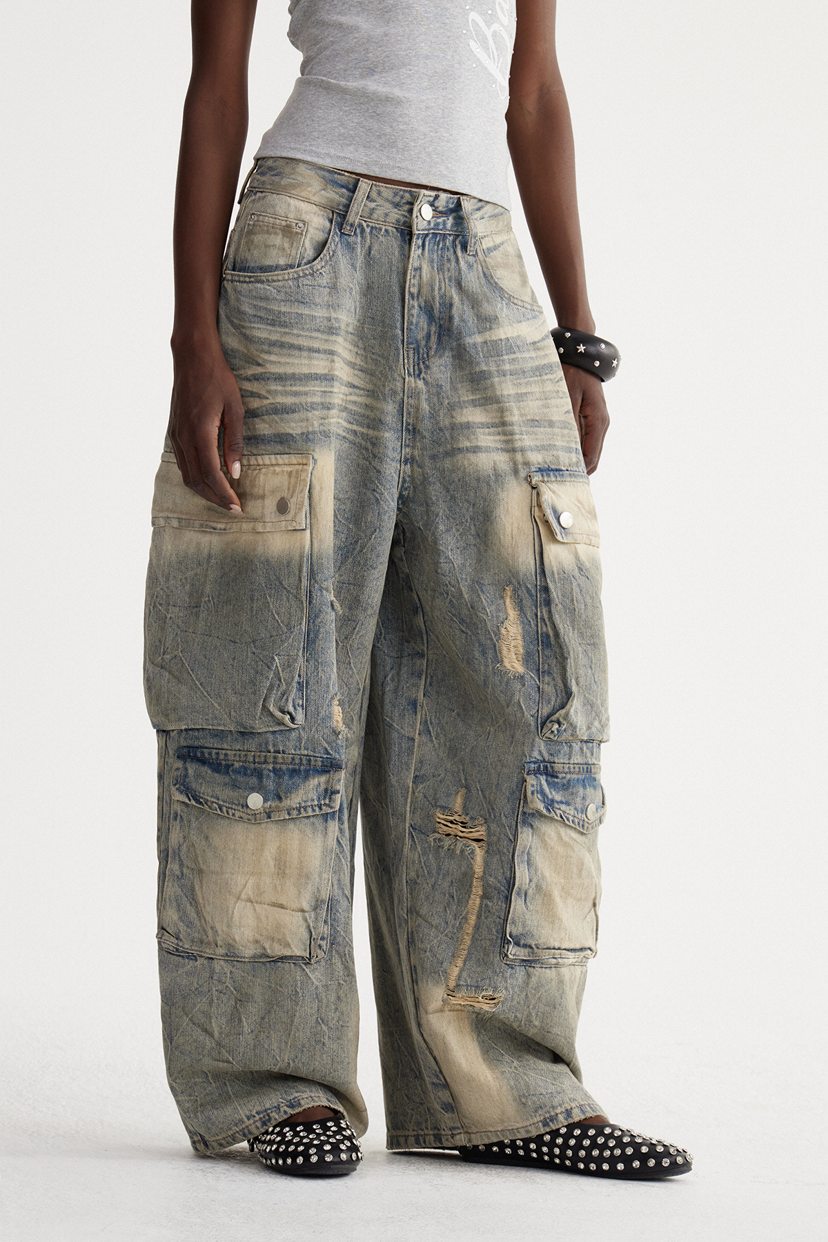 Iseul Ripped Bleached Cargo Jeans