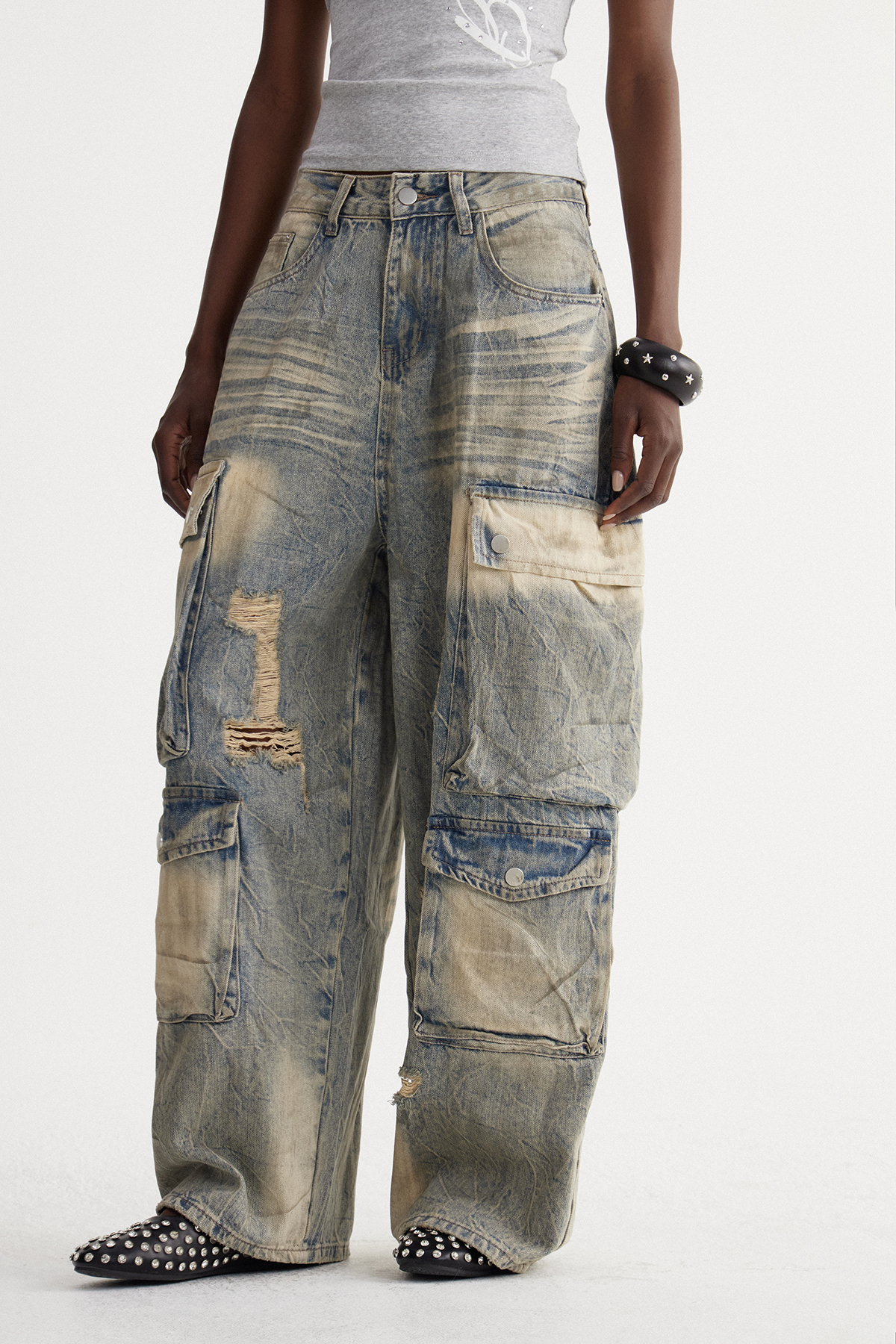 Iseul Ripped Bleached Cargo Jeans